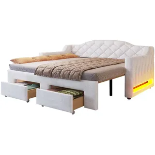 Komhtom Tagesbett 90x200 bis 180x200 cm mit zwei Schubladen und LED-Beleuchtung, Weiß , Holz , Mode , 90x200 cm , Schlafzimmer, Betten, Polsterbetten