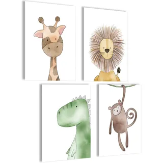 mojoliving Bilder Kinderzimmer jungen Baby Zimmer Poster Set Wandbilder Kinderzimmer mädchen Babyzimmer Deko Bilder für Baby Zimmer Dekoration (Set Giraffe, Löwe, Dino, Affe)