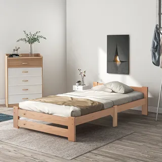 Flieks Futonbett Einzelbett 90×200, Klassisches Bett mit Kopfteil und Lattenrost, Massivholzbett Jugendbett - Naturbelassen