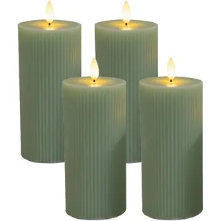 Relaxdays LED Kerzen, 4er Set, HxD: 18 x 7,5 cm, flackernde Flamme, Echtwachs, Rillen, flammenlose Blockkerzen, Salbei