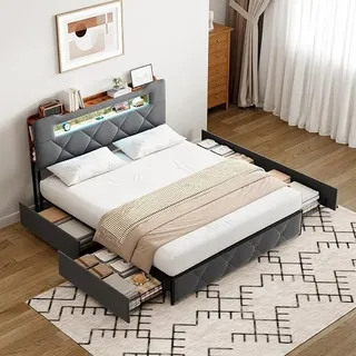 Polsterbett Doppelbett 140x200 cm mit 4 Schubladen, Jugendbett mit USB-Anschluss und LED-Beleuchtung, Kopfteil mit Staufach, Gästebett, Funktionsbett, Samt, Grau - Grau