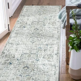 TOPICK Läufer 60x180cm Blau Teppiche Vintage Teppichläufer Flur Retro Faltbar Dünner Waschbar Teppich Multi Floral Boho rutschfeste für Innenbereich Badezimmer Küche Schlafzimmer Wohnzimmer