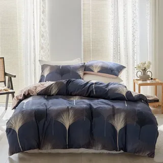 Damier Bettwäsche 200x200 Blau Blätter Motiv Bettwäsche Kuschelig Weich Modern Schwarz Beige Ginkgoblätter Mikrofaser Bettbezug Set 3 Teilig mit Reißverschluss und 2 Kissenbezüge 80x80 cm