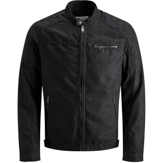 JACK & JONES Herren Kunstleder Jacke | Biker Blouson Bomberjacke JJEROCKY | Design Coat Übergangsjacke, Farben:Schwarz, Größe Jacken:XS