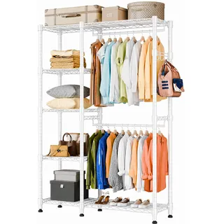 Himimi Kleiderständer Stabil, Kleiderschrank Offen mit Doppel-Kleiderstangen & 5 Höhenverstellbaren Regalen, Metall Garderobe Kleiderständer Schwerlast für Schlafzimmer Flur, 114 x 44 x 195cm, Weiß