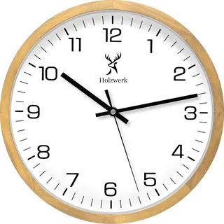 Holzwerk WOLFSBURG moderne 30 cm Loft Designer Quarz Holz Wanduhr, beige, weiß - Beige, Weiß, Schwarz