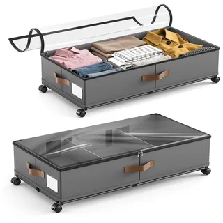 Fushabana 2 Stück 48L Unterbett Aufbewahrung mit 360° Rollen und Deckel | Unterbettkommode Bettkasten mit 2 Abnehmbare Trennwände, Metallrahmen, Unterbettbox Schublade für Kleidung Schuhe 78×42×17cm