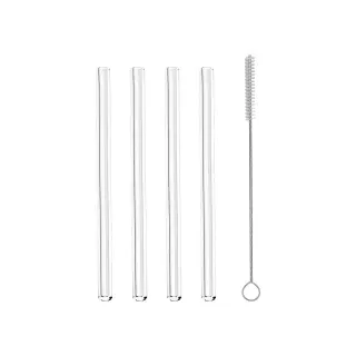 Metaltex Trinkhalme aus Glas, kurz/gerade, 4-teilig, Wiederverwendbare Strohhalme inklusive Reinigungsbürste, 1 Set