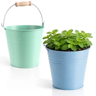 com-four® 2X Blumentopf aus Metall Ø 15 x 14,5 cm - Pflanzentopf Mini Metalleimer - Kräutertopf zum Hinstellen und Aufhängen - Balkon Blumenkübel