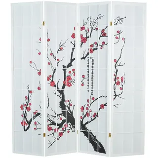 Homestyle4u Paravent 4-tlg. 176/179 cm Weiß Kirschmuster , Holz , 176x179x2 cm , Wohnzimmer, Raumteiler, Paravents