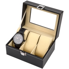 MengH-SHOP Uhrenaufbewahrungsbox PU Leder Uhrbox Aufbewahrungsbox 3 Fächern Uhrenkasten mit Glasdeckel zur Aufbewahrung und Präsentation