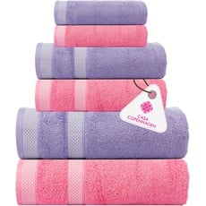 Casa Copenhagen Solitaire Mix 6-teiliges Handtuchset – Lila Rose + Rosa, 600 g/m2, 2 Badetücher, 2 Handtücher, 2 Waschlappen aus weicher ägyptischer Baumwolle für Badezimmer, Küche und Dusche