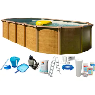 KWAD Ovalpool Wood Design 370 x 730 x 132 cm inkl. Sicherheitsleiter & Wasserpflege-Set
