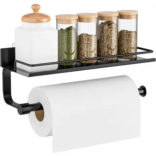 ZDDLOINP Küchenrollenhalter Wand, Küchenrollenhalter Ohne Bohren, Küchenpapierhalter mit Ablagefach für Küche, Badezimmer, Schwarz