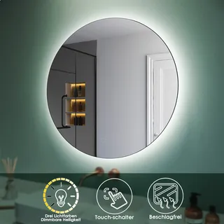 SONNI Rund Badspiegel mit Beschlagfrei-Funktion Ø 80 cm Doppelter Berührungsschalter mit Dreifarbige Temperatur LED Beleuchtung Runder Spiegel - Weiß