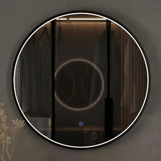 Planetmöbel VELUNA Spiegel mit Beleuchtung rund | Spiegel mit LED-Licht, Dekorativer Wandspiegel mit Alu-Rahmen, Dimm-Funktion, 3000-6500k, 3 Lichtstufen, 80 x 80 cm
