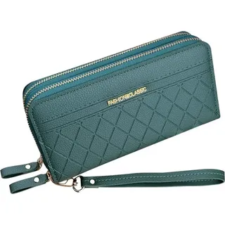 Großes Damenportemonnaie aus hochwertigem Kunstleder, gestepptes Ziermuster, grün, 19,5x9,5x4 cm - Grün