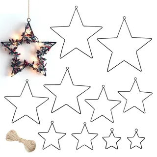 lafo 10 Stück Metall Stern Schwarz, 2er 10/15/20/25/30 cm Metallstern Weihnachtsdeko mit 10m Juteschnur, Stern Deko, Weihnachtsstern Deckendeko Wanddeko Fensterdeko (10, Schwarz)