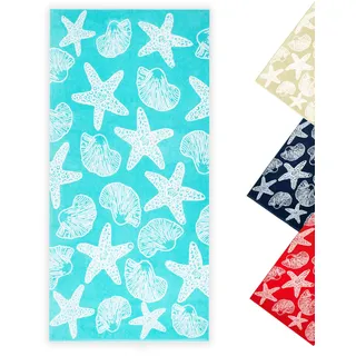 ZOLLNER Strandtuch - Flauschiges und saugstarkes Badetuch in 90x180 cm - waschbar bis 60°C - Baumwolle - maritimes Muster mit Seesternen und Muscheln in türkis - Oeko Tex® Zertifiziert