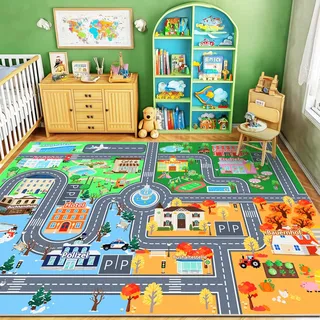 Kinder Autoteppich für Spielzimmer 200 x 300cm, Waschbare Spielmatte | Straßenteppich Kinder, Rutschfester Kurzflor Teppich für Kinderzimmer, Spielteppich für Jungen und Mädchen