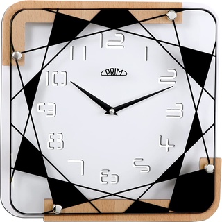 PRIM Modern White Wooden Wall Clock - Wanduhr 30CM, Moderne quadratische Wanduhr. Holzwanduhr mit Mustern auf Glas. Modisch - weiß, braun und schwarz