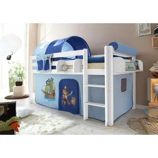 TICAA Hochbett Malte 90 x 200 cm inkl. Textil-Set und Matratze Kiefer massiv weiß pirat hellblau-dunkelblau