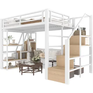 Stilvora Hochbett 140/200 cm in Weiß mit Regal, Stauraumstufen und Led , Metall, Holzwerkstoff , 140x200 cm , Babymöbel & Kindermöbel, Kinderzimmer & Jugendzimmer, Kinderbetten, Hochbetten