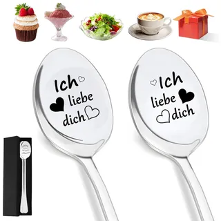2 Stücke Kaffeelöffel mit Gravur - Ich liebe dich, Edelstahl Hochglanzpoliert Dessertlöffel Mit Geschenkbox, Jahrestag Geschenk für Ihn und Sie
