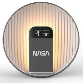 NASA Wecker SPC600 – Radiowecker, Bluetooth-Lautsprecher, kabelloses Laden 15 W Qi, Doppelalarm, Wecker, LED, Lithium-Akku, Lautsprecher 5 W RMS – Grau