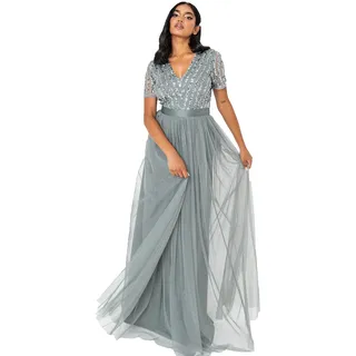 Maya Deluxe Damen Maya Deluxe Misty Green Short Sleeve Stripe Maxi Bridesmaid Dress, Misty Green, 42 EU