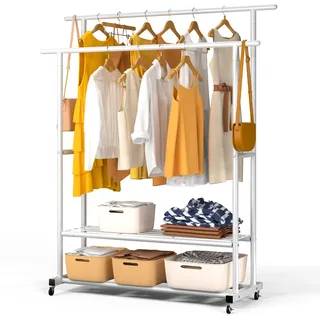 VOUNOT® Kleiderständer auf Rollen, Kleiderstange Doppelt, Garderobenständer Metall mit 2 Aufbewahrungsablagen, Stabil, Schwerlast, für Schlafzimmer Flur Ankleidezimmer, 120x40x146cm Weiß