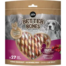 BetterBones – weicher Kausnack für Hunde, ohne Rohhaut, umwickelte Twists mit Ente und Cranberry, 12,5cm, 27er Pack