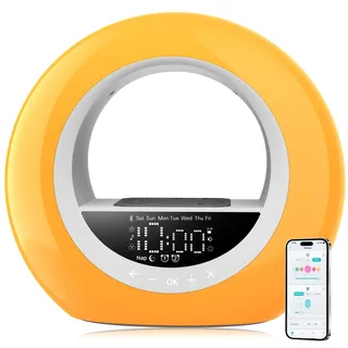 ARTINABS Tageslichtwecker, Lichtwecker Sonnenaufgang mit App-Steuerung, Bluetooth Lautsprecher, Sonnenaufgang & Sonnenuntergang Simulation, FM Radio, 16 Farben, 7 Naturgeräusche, 2 Wecker (Gelb)