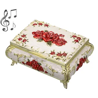 SUMTree Vintage Music Box - Metal Musical Jewelry Box Keepsake Box Weiss Schmuckkästen Rot Blumen Schmuckbox Schmuckkiste Schmuckkoffer für Ring Armband Ohrringe Damen Geschenk Geburtstag