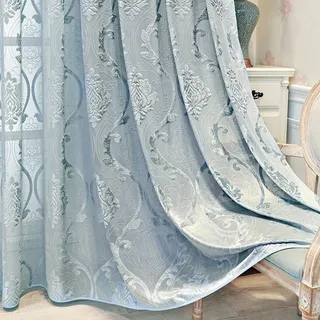 Vintage Vorhang Halbtransparent Ösen 3D Tufted Barock Gardinen Wohnzimmer | Blau Vorhäng Transparent Lichtdurchlässig Blumenmuster Ösenschals für Schlafzimmer Wohnzimmer 2er Set 140x175cm