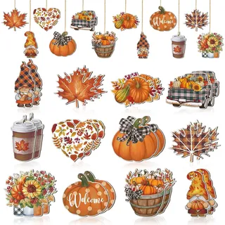 Deko Hänger Herbst Holz 24 Stück Autumn Decor Hänger Herbstdeko Innen Draußen Ahornblatt Wichtel Kürbis Fall Dekoration mit Schnur Thanksgiving Deko