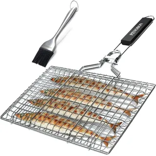 Fisch Grillkorb Faltbar Tragbarer Edelstahl mit Abnehmbarem Griff Backpinsel Aufbewahrungstasche Grillzubehör für Gemüse Garnelen Große Grillfläche