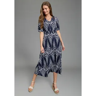 Midikleid LAURA SCOTT, Damen, Gr. 46, N-Gr, blau (marine, gemustert), Jersey, Obermaterial: 95% Viskose, 5% Elasthan, gemustert, figurumspielend Midi, V-Ausschnitt, Puffärmel Bündchen, Kleider Midikleid, mit Ikat-Muster und Smok-Einsatz