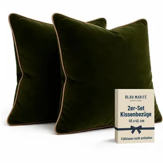 Blau Marité Kissenbezüge 45x45 cm – 2er Set aus weichem Samt – Dekokissen mit kontrastierendem Rand – Grün & Camel – Ohne Füllung