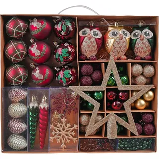 Valery Madelyn 90 Stücke Weihnachtskugeln Kunststoff,Rot Grün Gold Weihnachtsschmuck Set Klassische Christbaumkugeln für Weihnahctsdeko mit Weihnachtsbaumspitze