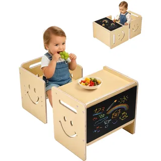 VEVOR Montessori Tisch Stuhlset Kleinkindertischset (mit Tafel) aus Holz für 1–5-Jährige, höhenverstellbarer Kinderstuhl Aktivitätstisch Spieltisch, ideal zum Lesen Essen Spielen – Natur