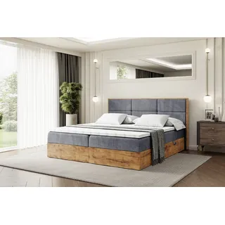 altdecor Boxspringbett LOLLI1 mit H3-Matratze, Kopfteil und Bettkasten mit Eiche Holz 200x200 Dunkelgrau Samt Casablanca - Dunkelgrau