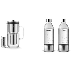Aarke Purifier, Wasserfilterkaraffe aus Glas und Edelstahl & 2er-Pack PET-Flaschen für Wassersprudler Carbonator 3, BPA-frei mit Details in Edelstahl, 800ml, AASPB1-STEEL