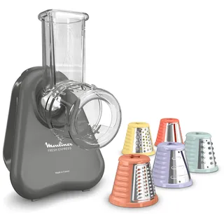 Moulinex Fresh Express Elektrische Gemüsereibe, Direktserviersystem, 5-in-1, zerkleinern-schneiden-reiben-wellenförmig-schneiden, Kabel-Verstausystem, Zubehör spülmaschinenfest, Grau, DK855HE0