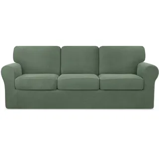 Hokway Stretch Sofabezug Sofaüberwurf mit Sitz- und Rück- Kissenbezug, 7-teilige Sofahusse Sesselbezug Couchbezug Spannbezug(3 Sitzer,Olivegrün)