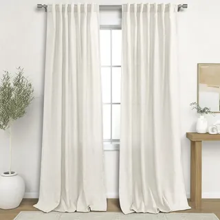 KOUFALL Leinen-Vorhänge für Wohnzimmer, extra lang, 2 Paneele, Boho, Bauernhaus, Flachs, hochwertig, halbtransparent, lichtfilternd, großer Fenstervorhang für Familienzimmer, 332 cm lang, Cremebeige