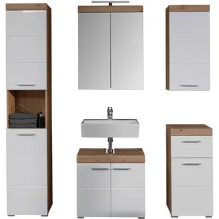 trendteam smart living - Amanda - Badezimmer Komplettset (WBU + Spiegelschrank LED + Standschrank + Hochschrank + Hängeschrank) - Weiß/Weiß Hochglanz Eiche - (BxHxT) 163 x 190 x 34 cm - Kratzfest