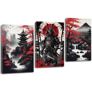 ZQQART Japanische Samurai Wanddekoration 3 teilig gepanzerter Samurai Berg Fuji Bilder Japan Leinwanddrucke Bushido Poster Heimrahmen (Rot,12.00"x16.00"x3)