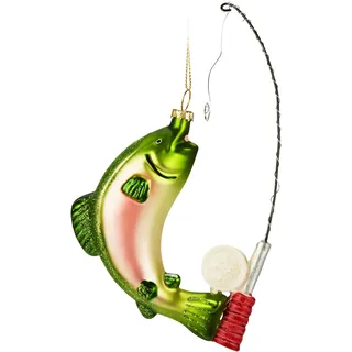 BRUBAKER Fisch an der Angel - Handbemalte Weihnachtskugel aus Glas - Regenbogenforelle und Angelrute - Mundgeblasener Christbaumschmuck Figuren lustig Deko Anhänger Baumkugel - 18 cm