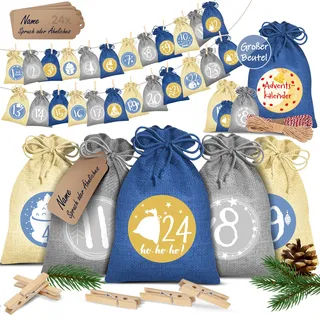 KESSER® Adventskalender zum Befüllen 24 Jutebeutel Gedruckte Stoffbeutel Kinder Weihnachtskalender zum Selber Befüllen Inkl.. 24x Schildchen + 1 Großer Aufbewahrungsbeutel Stoff - Blau